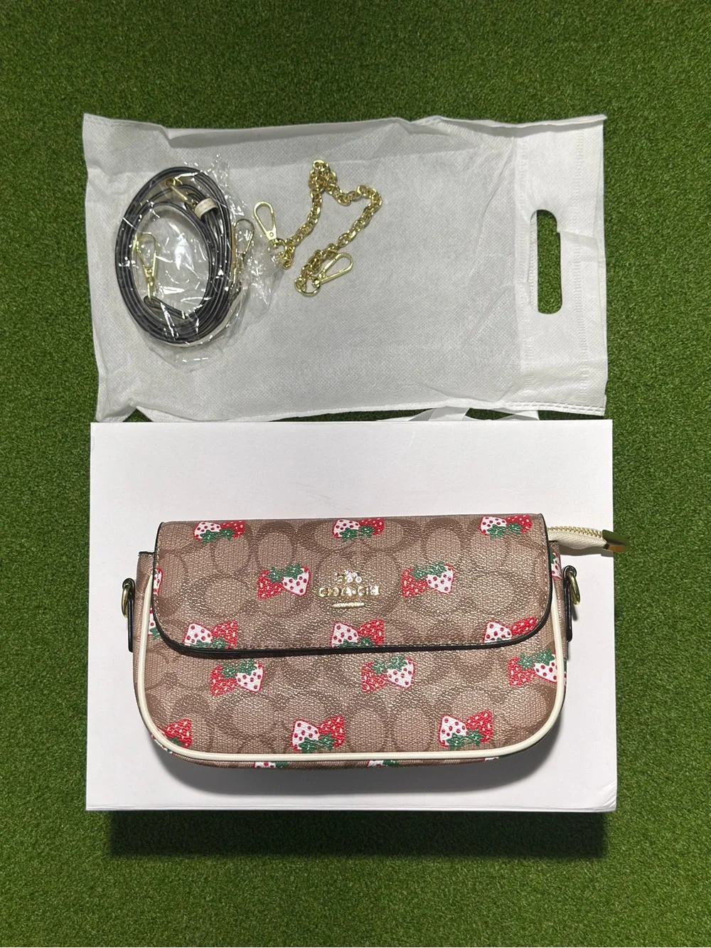 Coach Tan Signature Strawberry Print Crossbody with Cream Trim
